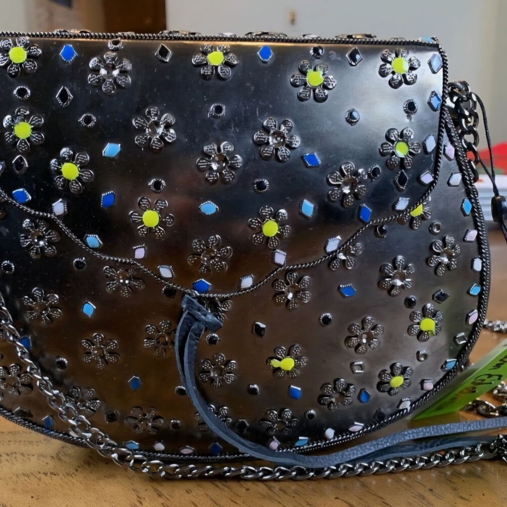 Women's Black Crossbody Bag with Floral Stud Accents